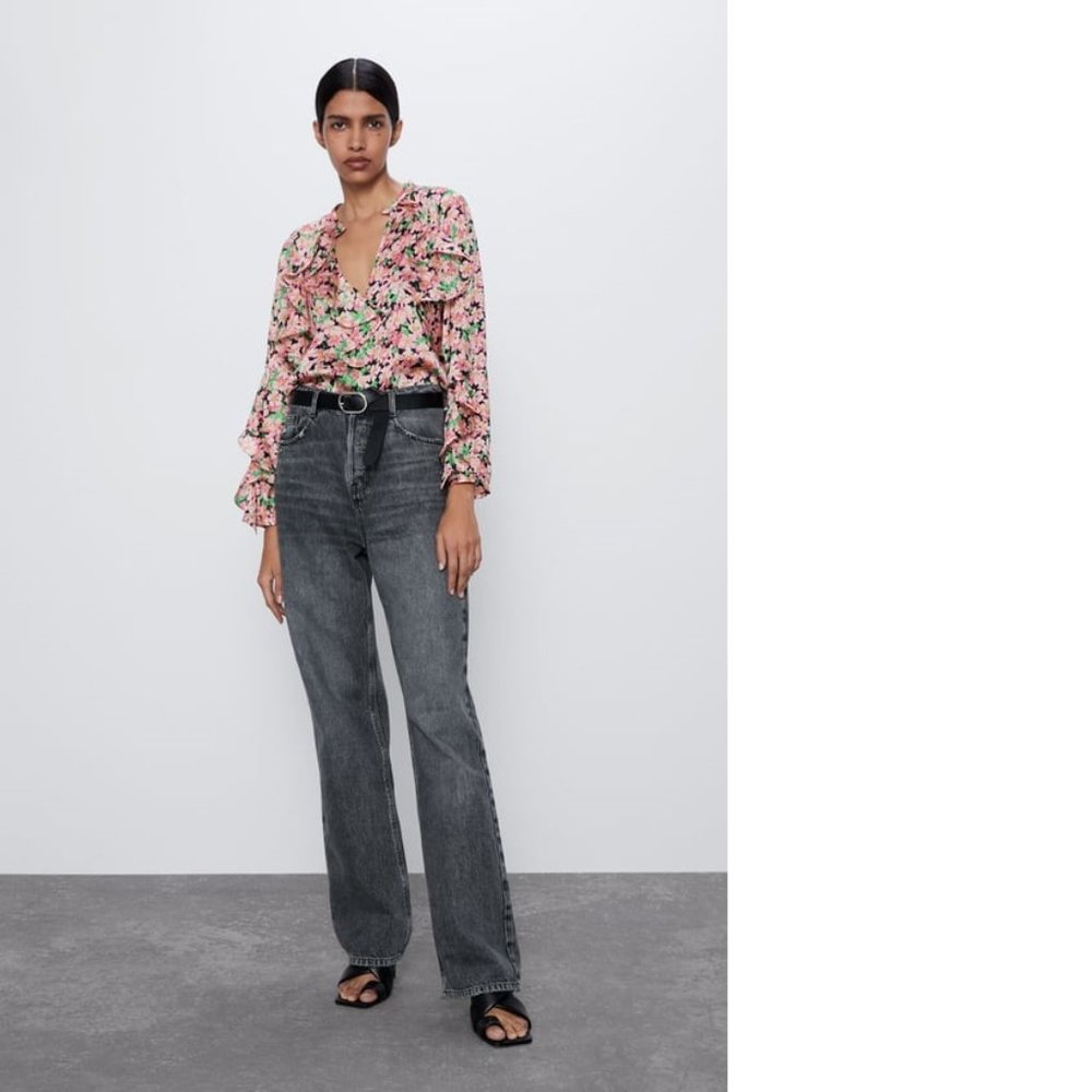 ZARA Women's Size Medium Pink Floral Long Sleeve V-Neck Ruffle Loose Blouse Top - Picture 8 of 11